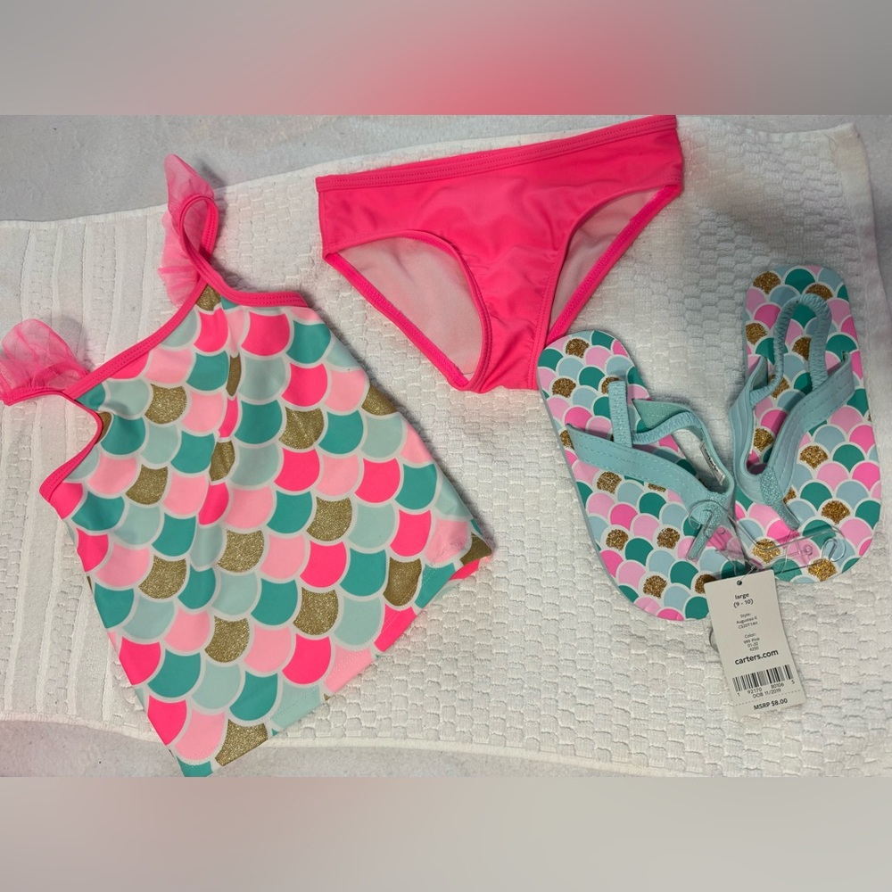 Carters mermaid swimsuit 4t with matching flip flops size 9-10